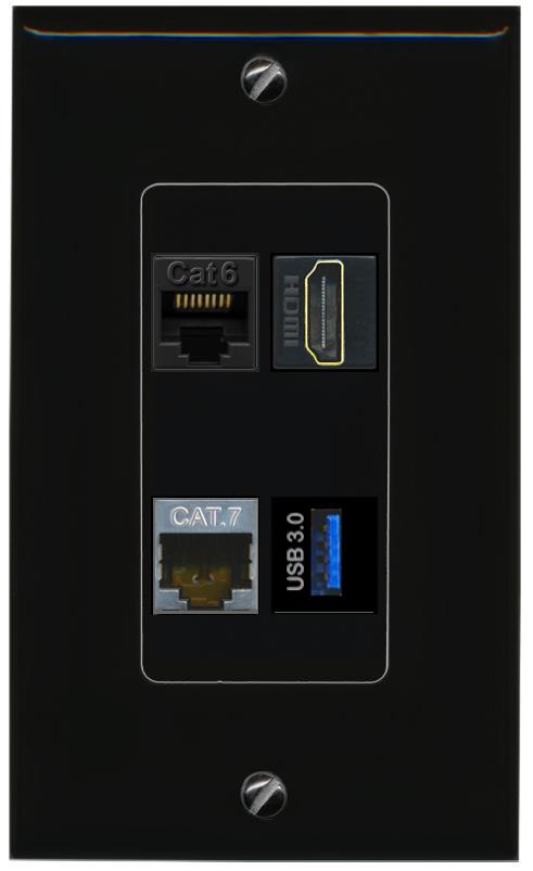 RiteAV CAT6 CAT7 HDMI USB-3 Wall Plate Decorative [Black]