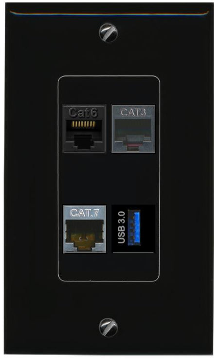 RiteAV CAT6 CAT7 PHONE USB-3 Wall Plate Decorative [Black]
