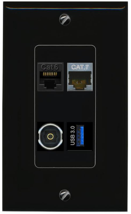 RiteAV CAT6 CAT7 TOSLINK USB-3 Wall Plate Decorative [Black]