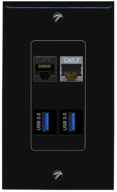 RiteAV CAT6 CAT7 2 USB-3 Wall Plate Decorative [Black]