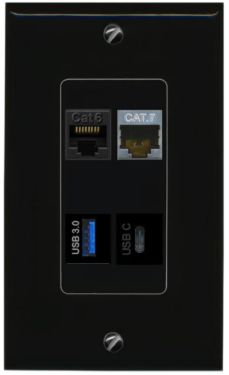RiteAV CAT6 CAT7 USB-3 USBC Wall Plate Decorative [Black]