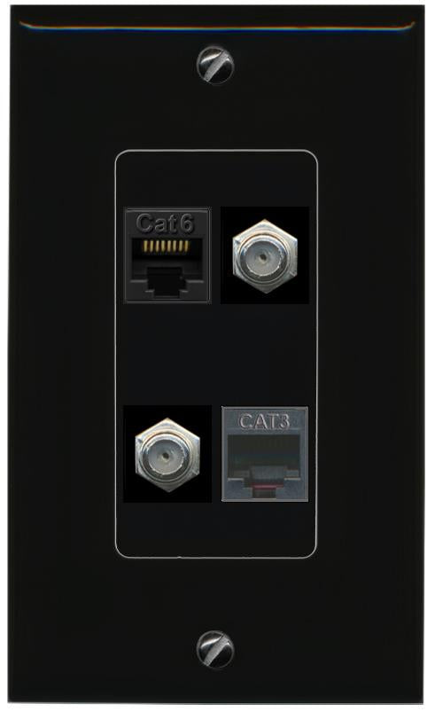 RiteAV CAT6 2 COAX PHONE Wall Plate Decorative [Black]