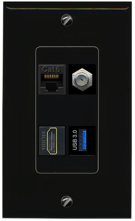 RiteAV CAT6 COAX HDMI USB-3 Wall Plate Decorative [Black]