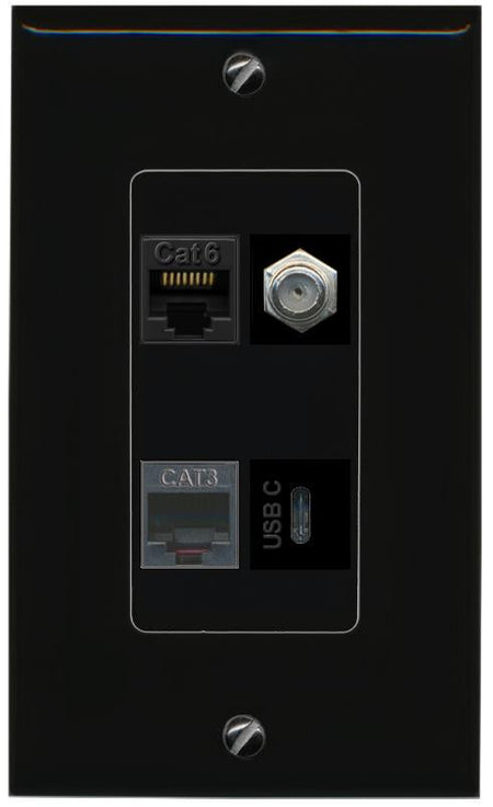 RiteAV CAT6 COAX PHONE USBC Wall Plate Decorative [Black]