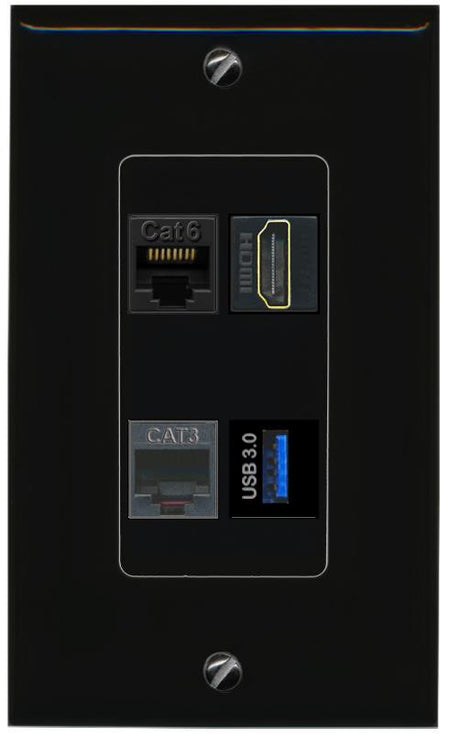 RiteAV CAT6 HDMI PHONE USB-3 Wall Plate Decorative [Black]