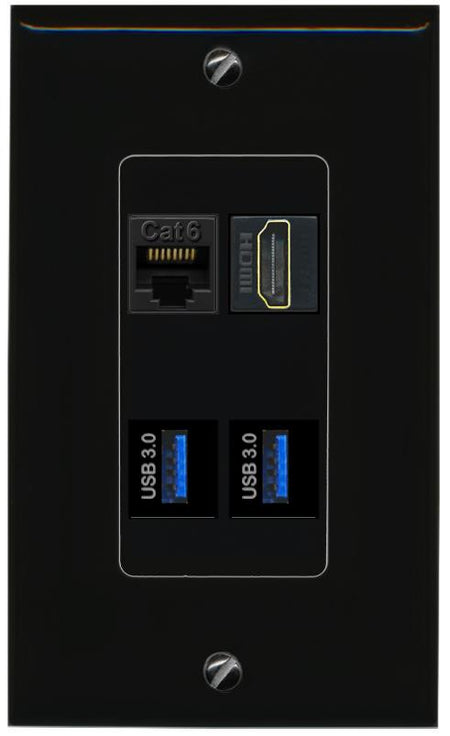 RiteAV CAT6 HDMI 2 USB-3 Wall Plate Decorative [Black]