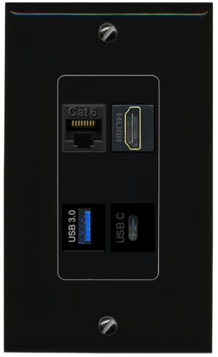 RiteAV CAT6 HDMI USB-3 USBC Wall Plate Decorative [Black]