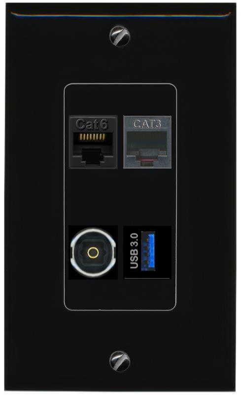 RiteAV CAT6 PHONE TOSLINK USB-3 Wall Plate Decorative [Black]