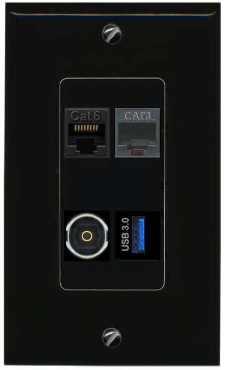 RiteAV CAT6 PHONE TOSLINK USB-3 Wall Plate Decorative [Black]