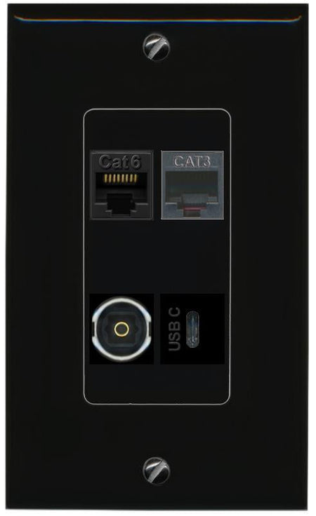 RiteAV CAT6 PHONE TOSLINK USBC Wall Plate Decorative [Black]