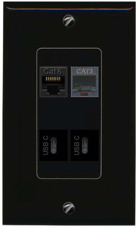 RiteAV CAT6 PHONE 2 USBC Wall Plate Decorative [Black]