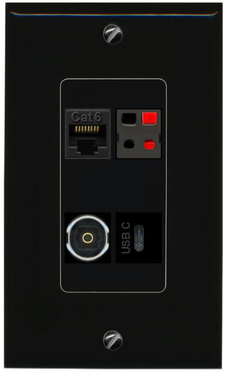 RiteAV CAT6 SPEAKER TOSLINK USBC Wall Plate Decorative [Black]