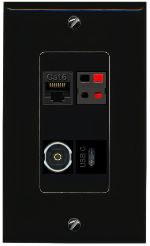 RiteAV CAT6 SPEAKER TOSLINK USBC Wall Plate Decorative [Black]