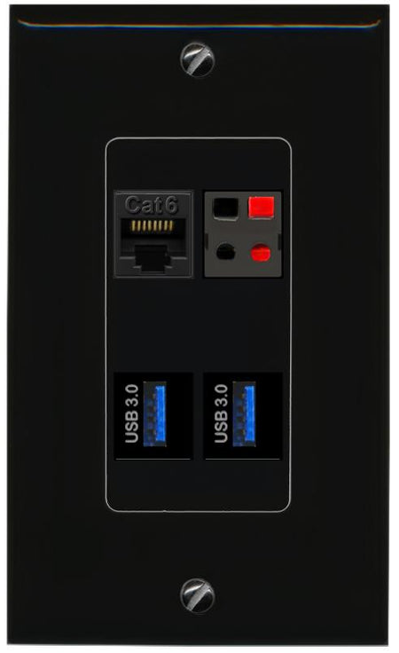 RiteAV CAT6 SPEAKER 2 USB-3 Wall Plate Decorative [Black]