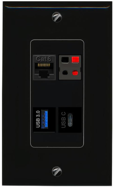 RiteAV CAT6 SPEAKER USB-3 USBC Wall Plate Decorative [Black]