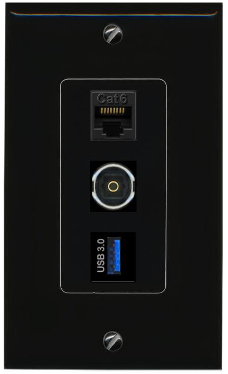 CAT6 TOSLINK USB-3 Wall Plate [Black]