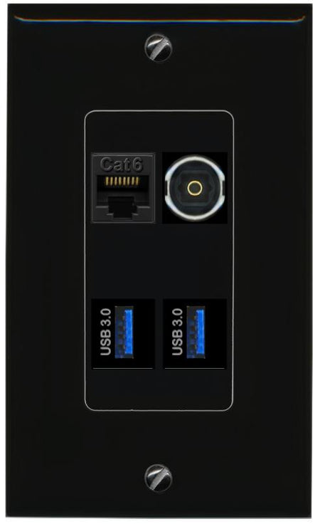RiteAV CAT6 TOSLINK 2 USB-3 Wall Plate Decorative [Black]