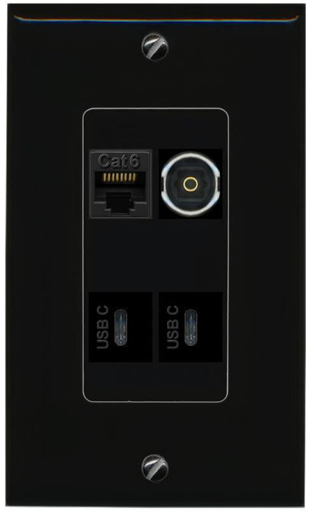 RiteAV CAT6 TOSLINK 2 USBC Wall Plate Decorative [Black]