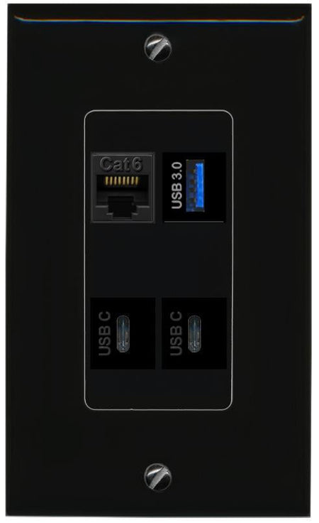 RiteAV CAT6 USB-3 2 USBC Wall Plate Decorative [Black]