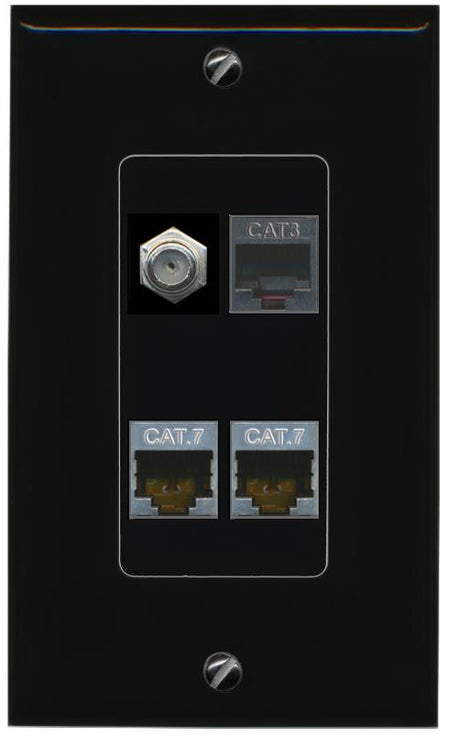 RiteAV 2 CAT7 COAX PHONE Wall Plate Decorative [Black]