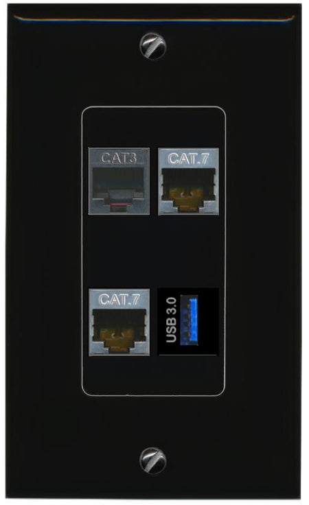 RiteAV 2 CAT7 PHONE USB-3 Wall Plate Decorative [Black]
