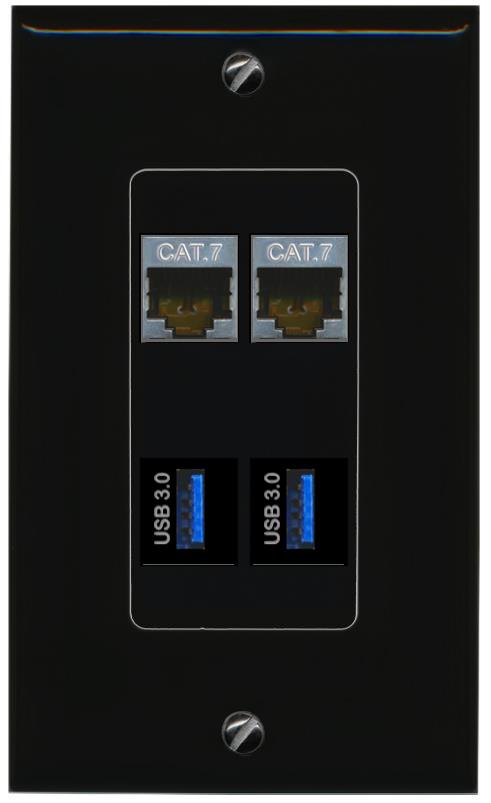 RiteAV 2 CAT7 2 USB-3 Wall Plate Decorative [Black]