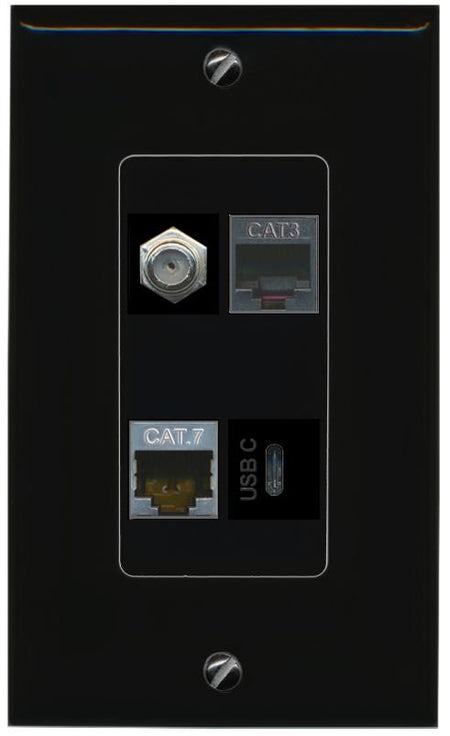 RiteAV CAT7 COAX PHONE USBC Wall Plate Decorative [Black]