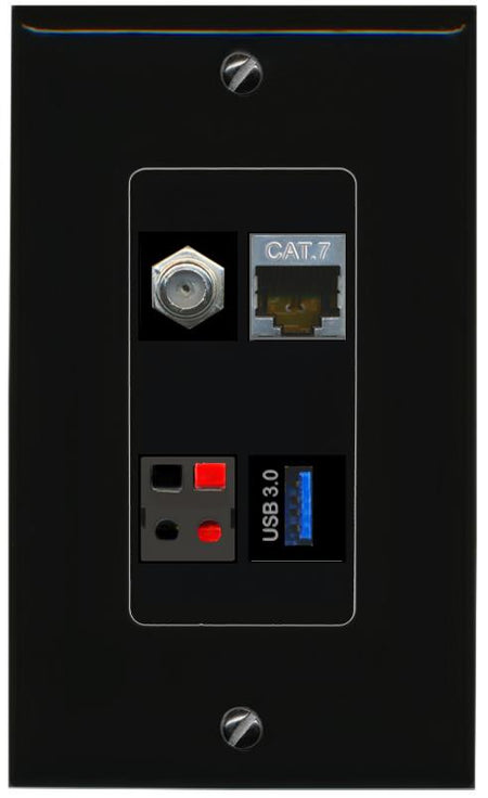 RiteAV CAT7 COAX SPEAKER USB-3 Wall Plate Decorative [Black]