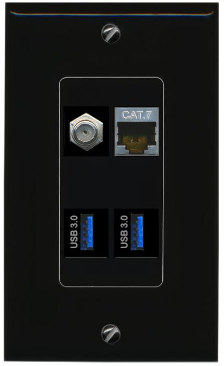 RiteAV CAT7 COAX 2 USB-3 Wall Plate Decorative [Black]