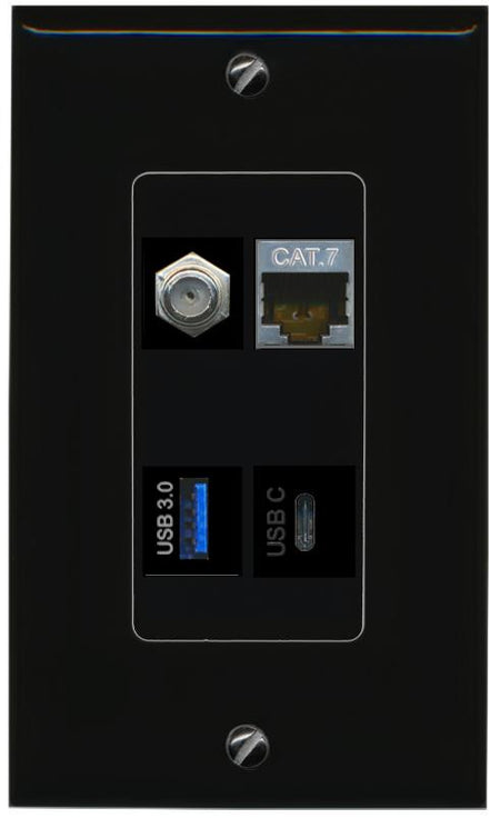 RiteAV CAT7 COAX USB-3 USBC Wall Plate Decorative [Black]