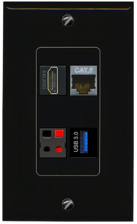 RiteAV CAT7 HDMI SPEAKER USB-3 Wall Plate Decorative [Black]