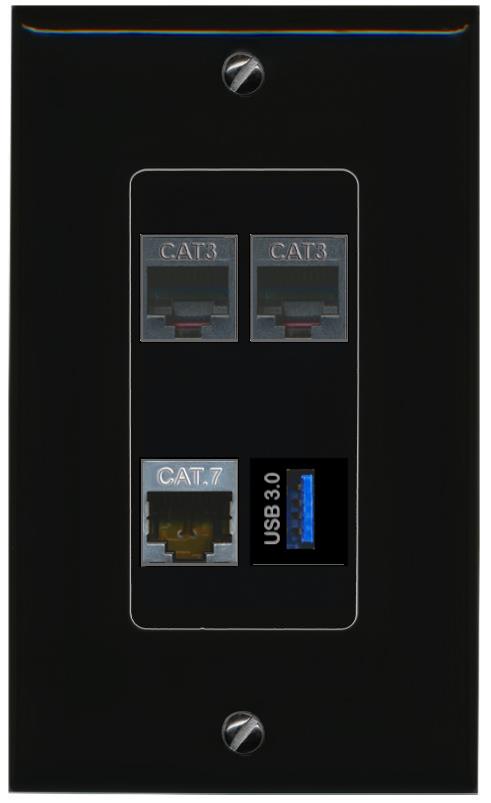 RiteAV CAT7 2 PHONE USB-3 Wall Plate Decorative [Black]