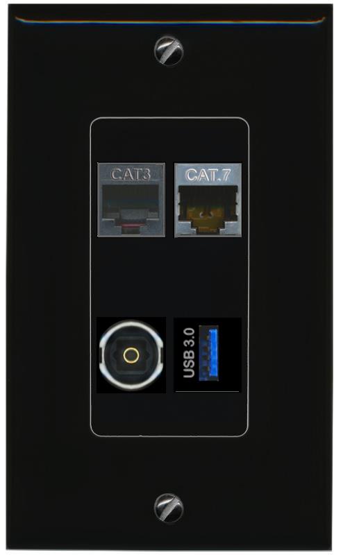 RiteAV CAT7 PHONE TOSLINK USB-3 Wall Plate Decorative [Black]