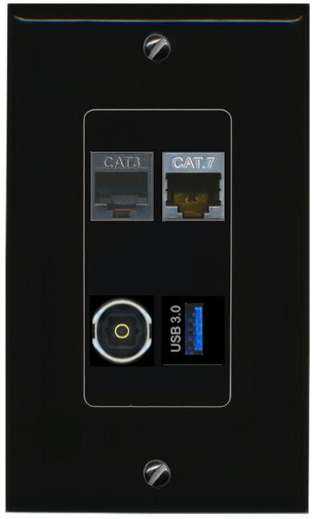 RiteAV CAT7 PHONE TOSLINK USB-3 Wall Plate Decorative [Black]