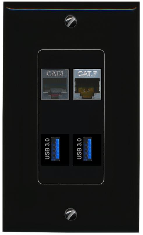 RiteAV CAT7 PHONE 2 USB-3 Wall Plate Decorative [Black]