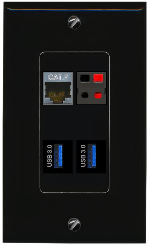 RiteAV CAT7 SPEAKER 2 USB-3 Wall Plate Decorative [Black]