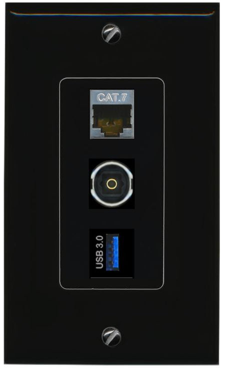 CAT7 TOSLINK USB-3 Wall Plate [Black]