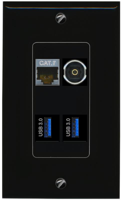 RiteAV CAT7 TOSLINK 2 USB-3 Wall Plate Decorative [Black]