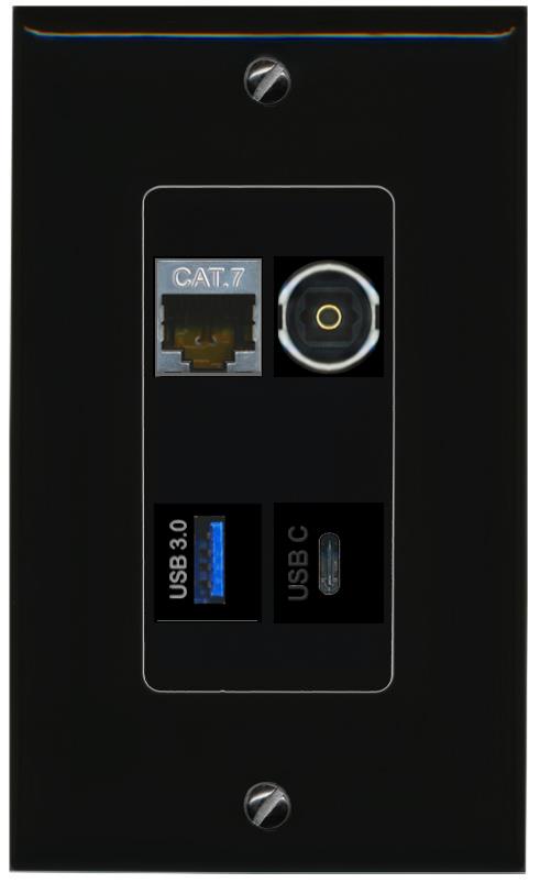 RiteAV CAT7 TOSLINK USB-3 USBC Wall Plate Decorative [Black]