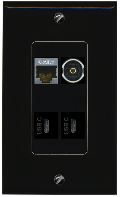 RiteAV CAT7 TOSLINK 2 USBC Wall Plate Decorative [Black]