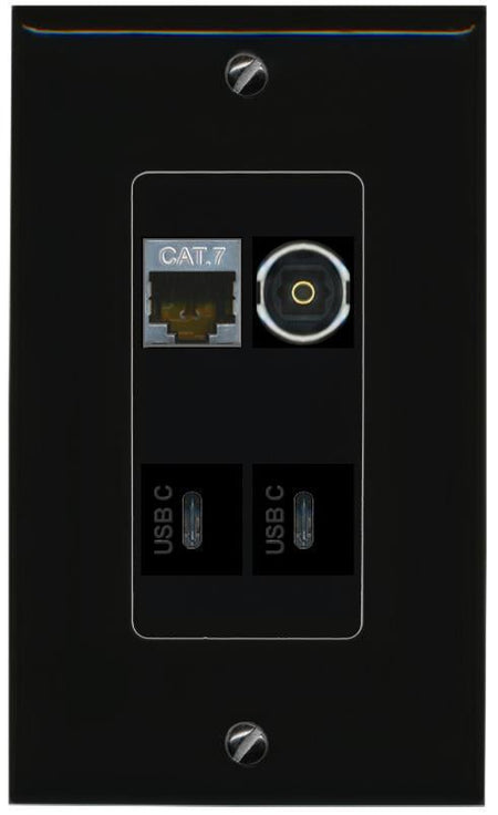 RiteAV CAT7 TOSLINK 2 USBC Wall Plate Decorative [Black]