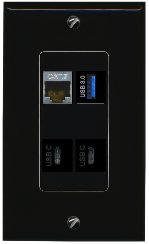 RiteAV CAT7 USB-3 2 USBC Wall Plate Decorative [Black]