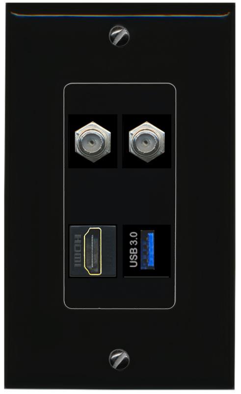 RiteAV 2 COAX HDMI USB-3 Wall Plate Decorative [Black]