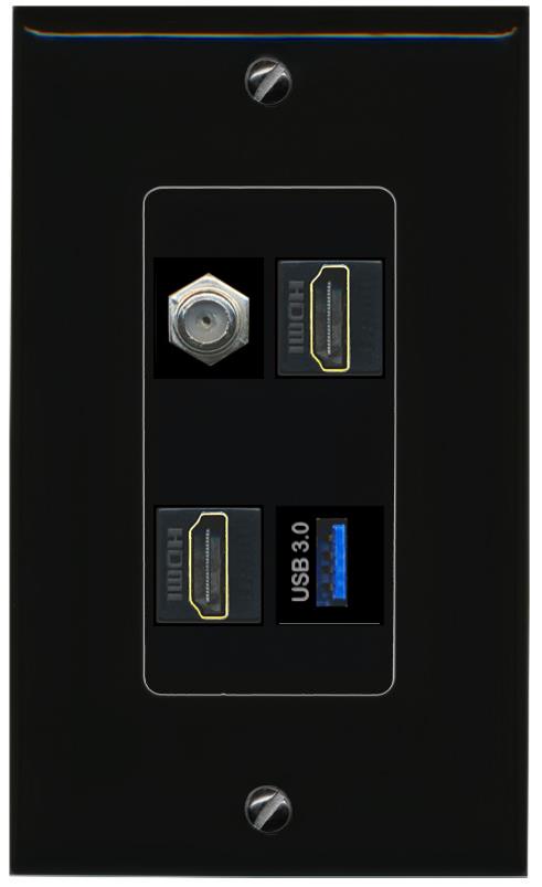 RiteAV COAX 2 HDMI USB-3 Wall Plate Decorative [Black]