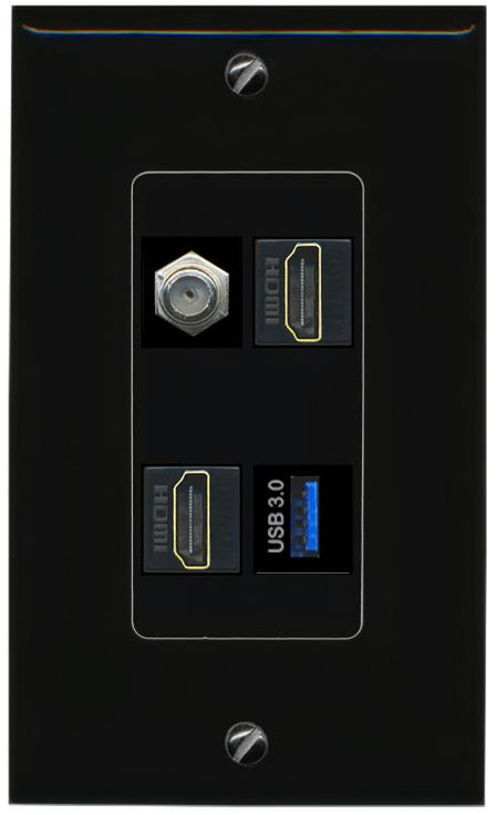 RiteAV COAX 2 HDMI USB-3 Wall Plate Decorative [Black]
