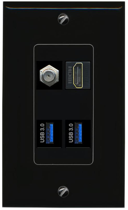 RiteAV COAX HDMI 2 USB-3 Wall Plate Decorative [Black]