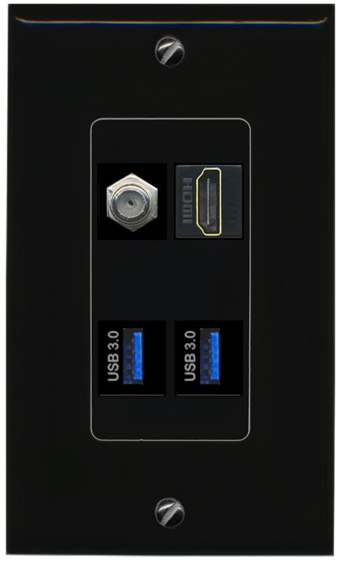 RiteAV COAX HDMI 2 USB-3 Wall Plate Decorative [Black]