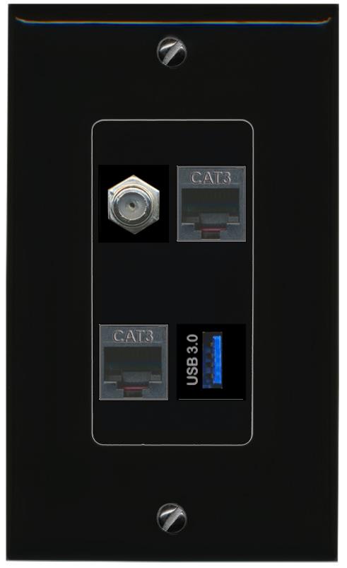 RiteAV COAX 2 PHONE USB-3 Wall Plate Decorative [Black]