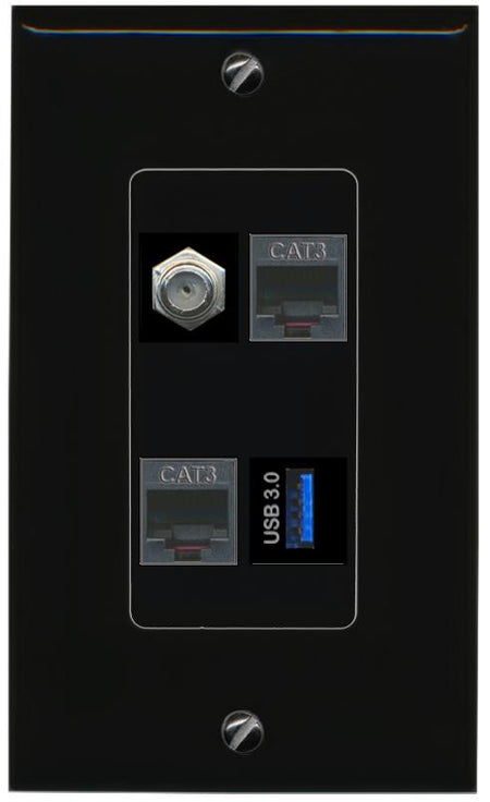 RiteAV COAX 2 PHONE USB-3 Wall Plate Decorative [Black]