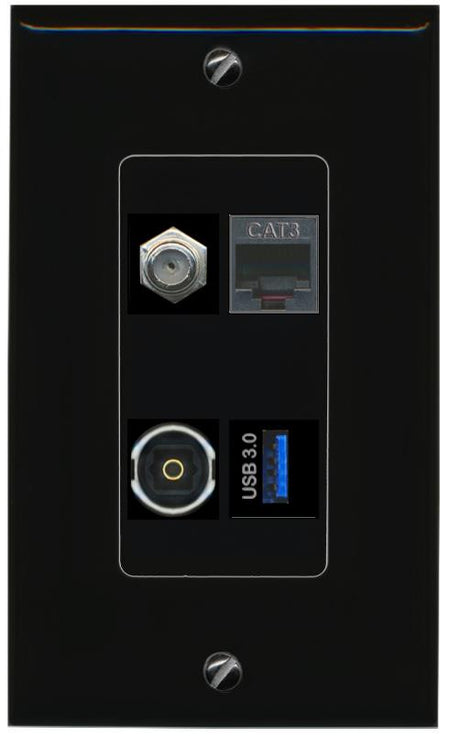 RiteAV COAX PHONE TOSLINK USB-3 Wall Plate Decorative [Black]